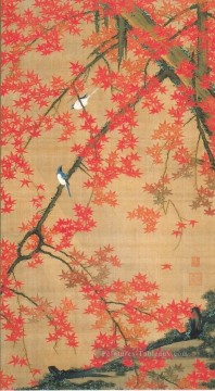 arbre d’érable et petits oiseaux ITO Jakuchu japonais Peinture à l'huile